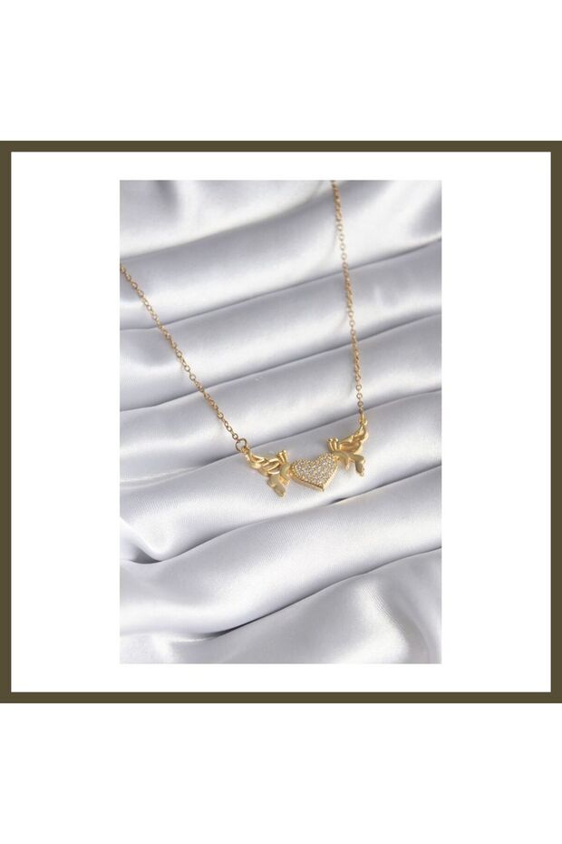 316L Stainless Steel Gold-Colored Zircon-Set Winged Women's Necklace BX