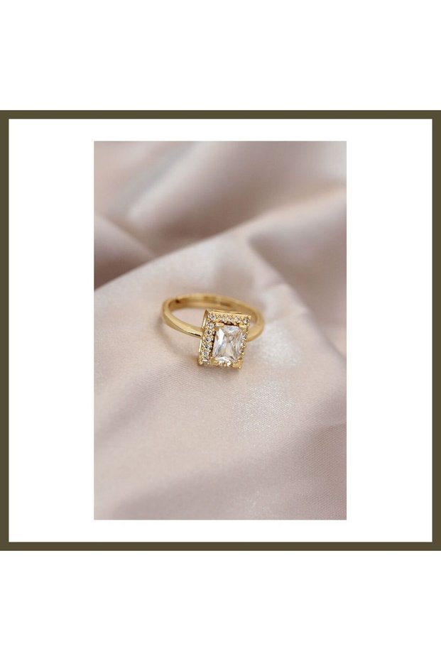 Adjustable Gold-Colored Metal Rectangular Ring with Zircon and Crystal Stones, Model BX