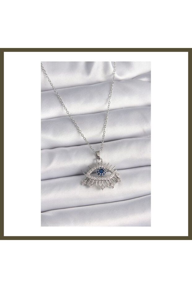 316L Stainless Steel Silver-Colored Chain Necklace with Zirconia Stones in an Eye Design for Women BX