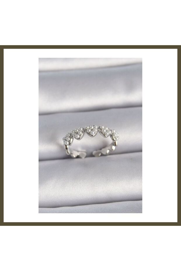 Silver-Toned Rice-Patterned Adjustable Pearl Ring for Women BX