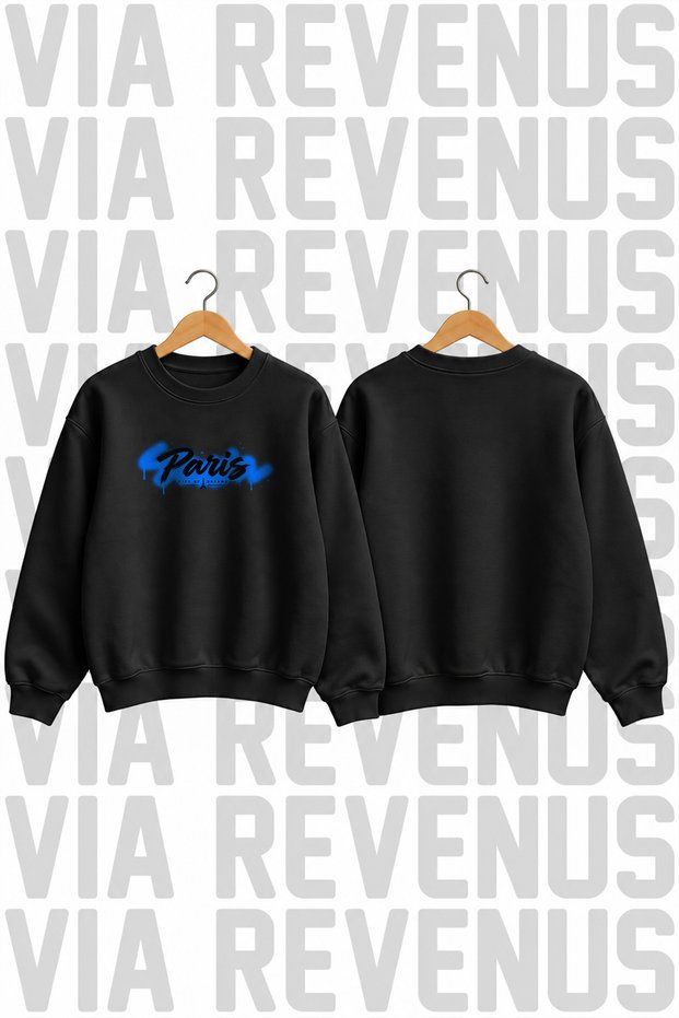 Paris-Printed Oversized Crew Neck 100% Cotton Basic Sweatshirt