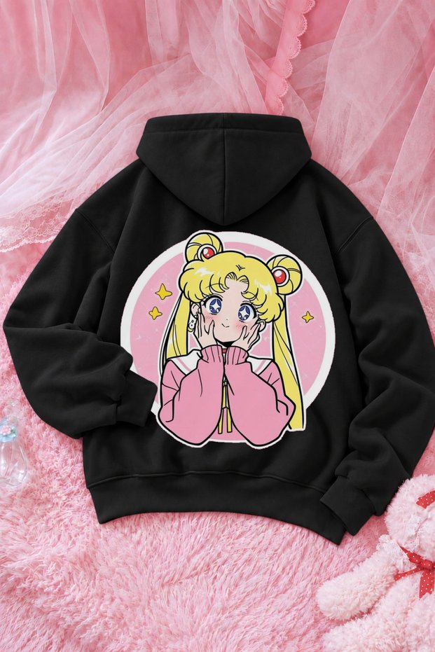 Unisex Sailor Moon Anime Print Front and Back Design Oversized 3-Ply Fleece-Brushed Inside Hooded Sweatshirt