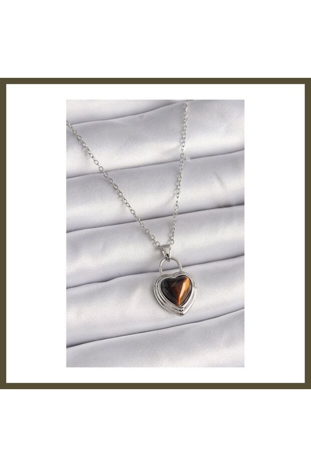 316L Stainless Steel Silver-Colored Chain Lock with Amber Beads Women's Necklace BX