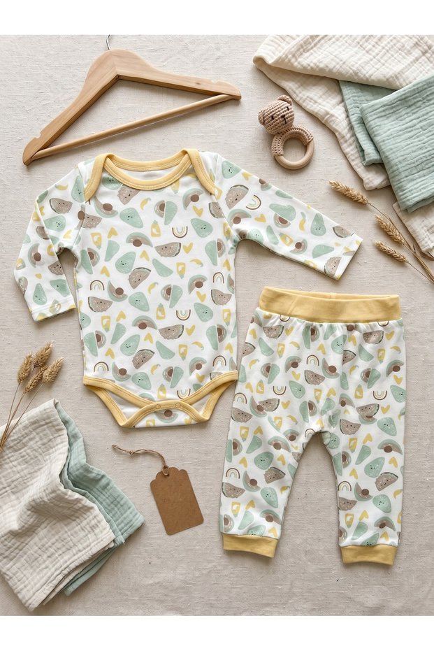 Boys' Outfit Set: Yellow Taco and Avocado Print 100% Cotton Long-Sleeve Snap-Fastened Bodysuit and Pants 2-Piece Set
