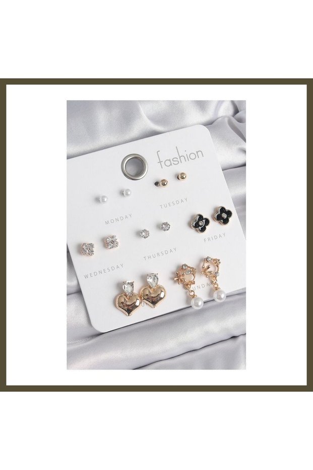 Gold-Toned Rice-Shaped Zircon Stone Earrings with Black Clover Design, Set of 7 Pairs, Women's Earring Set BX