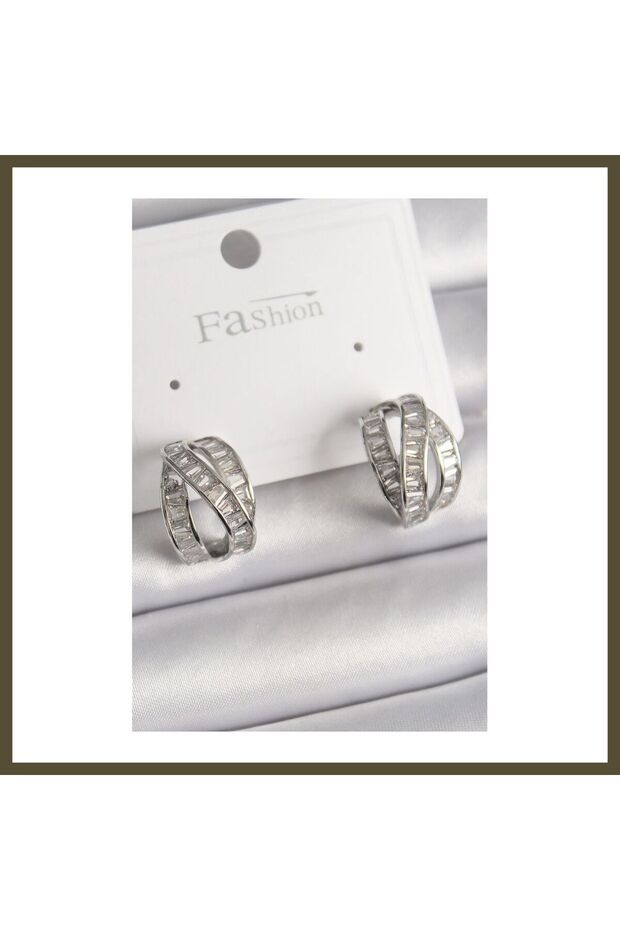 Silver-Toned Rice-Shaped Earrings with Zircon Stones and a Knot Design for Women, Model BX