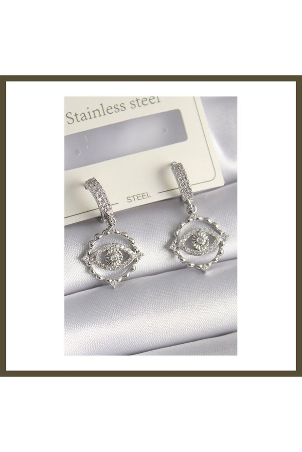 Silver-Toned Rice-Shaped Earring with Zircon Stones for Women, Model BX
