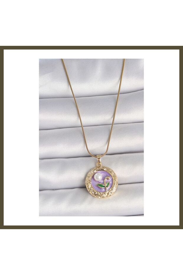 316L Steel Gold-Colored Chain with Purple Flower Embroidery and Pearl Accents, Portrait-Style Women's Necklace BX