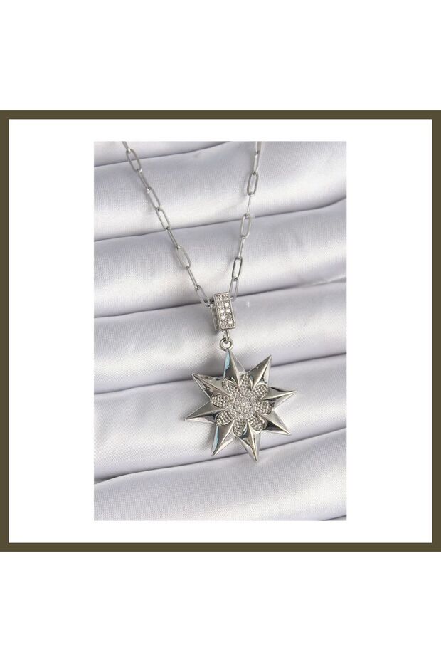 316L Steel Silver-Colored North Star-Style Women's Necklace with Zircon Stones BX