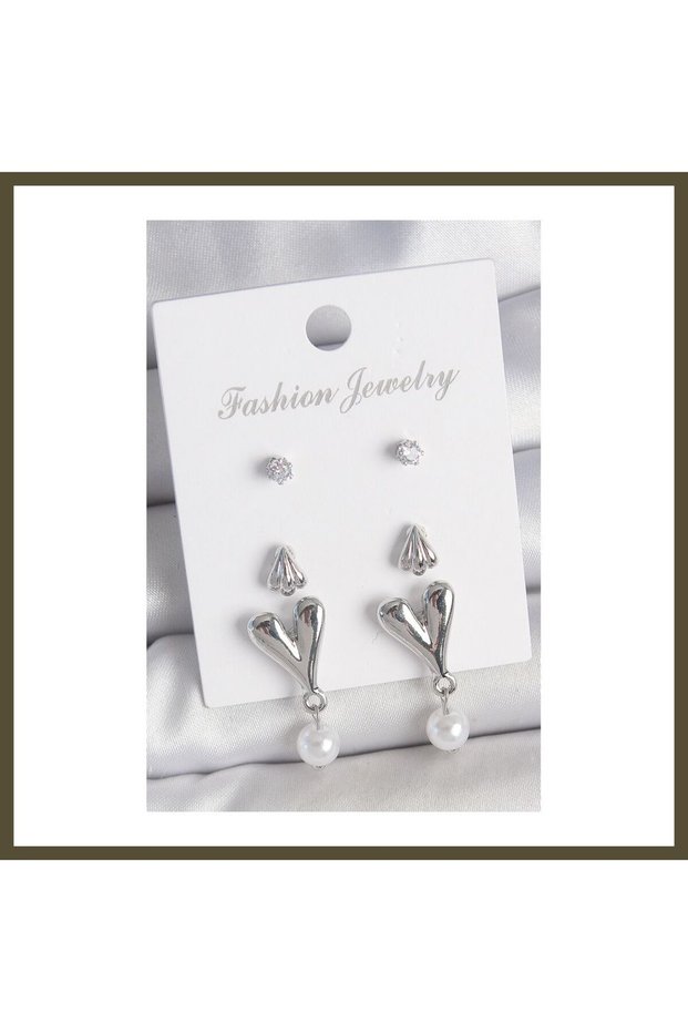 Silver-Toned Rice-Shaped Zircon Dangle Earrings, Set of 3 Pairs for Women, Model BX