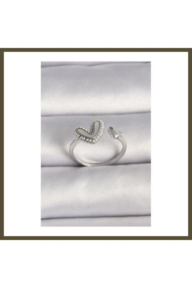 Silver-Toned Rice-Patterned White Enamel Ring with Pearl Accents, Adjustable Size, Model BX