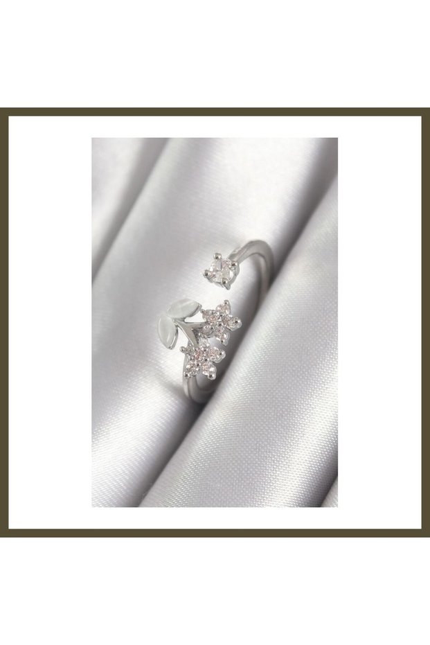 Silver-Toned Rice-Style Women's Ring with Zircon Stones, Flower Design BX