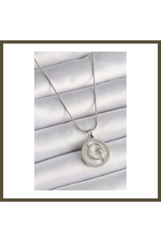 316L Steel Silver-Colored Chain with Zircon Stone Embellishments and White Mother-of-Pearl Moon and Star Embroidery for Women BX