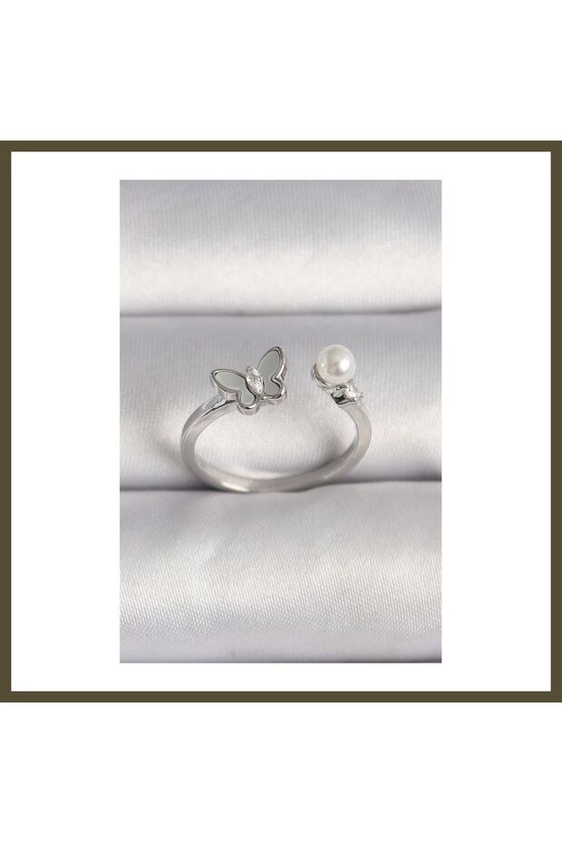 Rice-Shaped Silver-Colored Zircon Stone Embellished White Enameled Butterfly Figurine with Pearl Accents, Adjustable BX