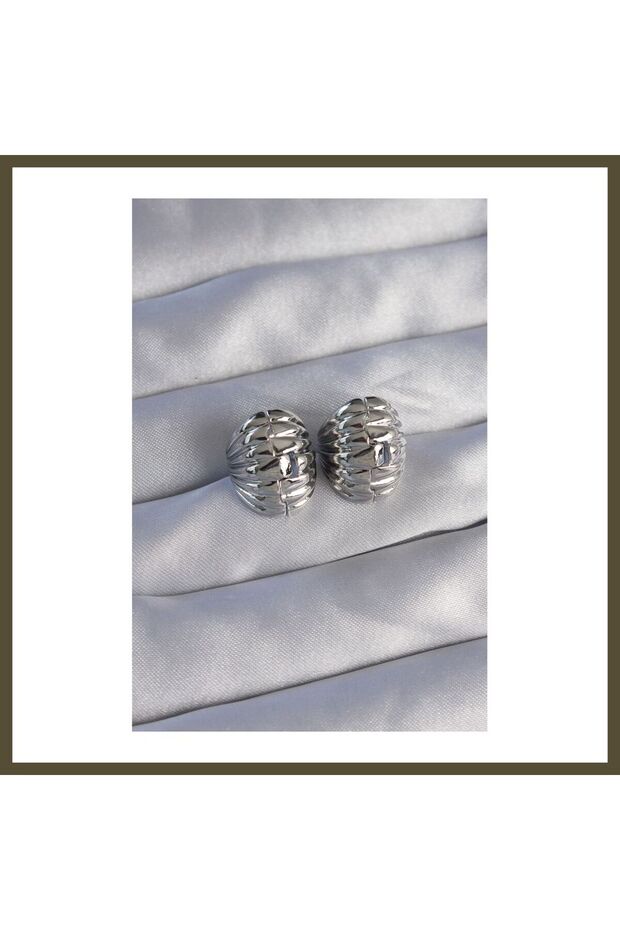 Silver-Toned Rice-Shaped, Ridged, Minimalist Curved Design Earrings BX