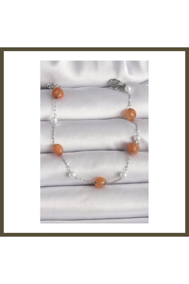 316L Steel, Silver-Colored, Orange Natural Stone, Pearl-Detail Women's Bracelet BX