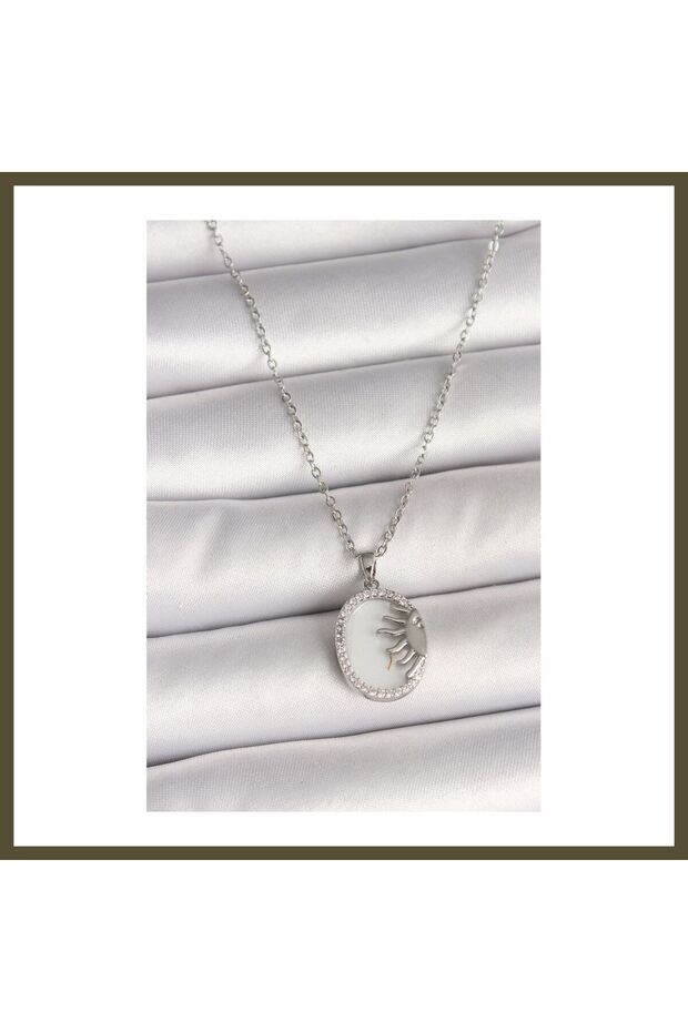 316L Steel Silver-Colored Chain with White Enamel, Sunset Design, and Zircon Stone Embellishments for Women, K BX