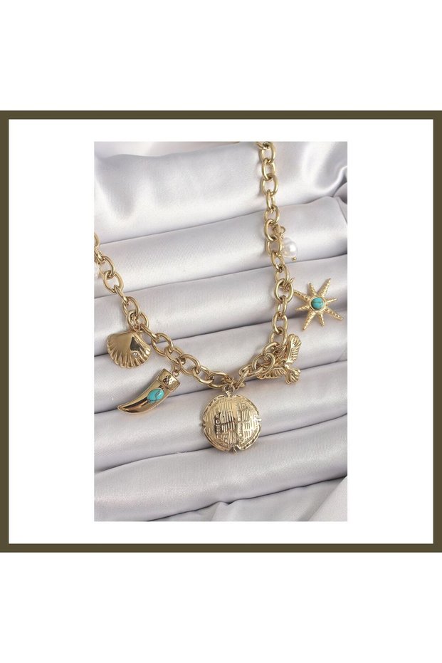 316L Stainless Steel Gold-Colored Chain with Dangling Multiple-Figure Design Women's Necklace BX