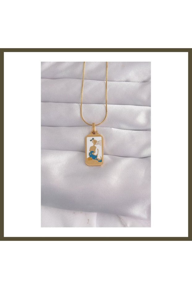 316L Stainless Steel Gold-Colored White Enameled Girl Figure Tarot Necklace BX