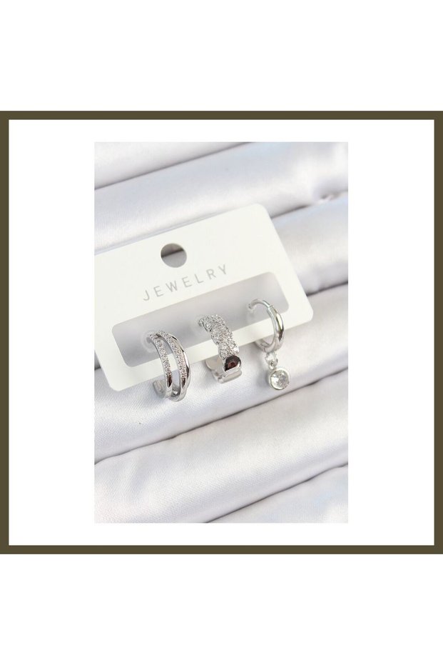 Silver-Tone 3-Piece Pair of Women's Hoop Earrings with Rice-Shaped Zircon Stones BX