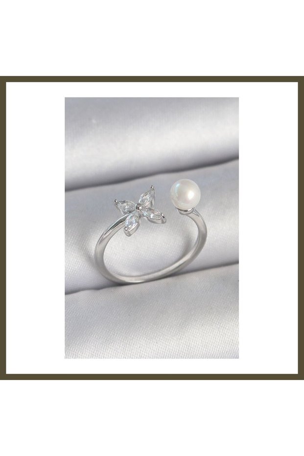 Silver-Toned Rice-Shaped Ring with Zircon Stones, Flower Design, Pearl Accents, Adjustable, Women's Ring BX
