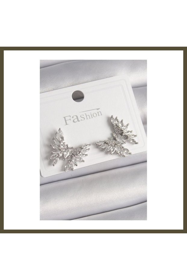 Silver-Toned Rice-Shaped Butterfly-Design Women's Earrings with Zircon Stones BX