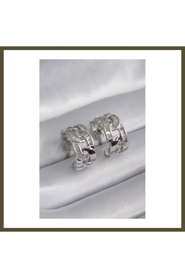 Silver-Toned Rice-Shaped Chain-Style Women's Earrings with Zircon Stones, Model BX