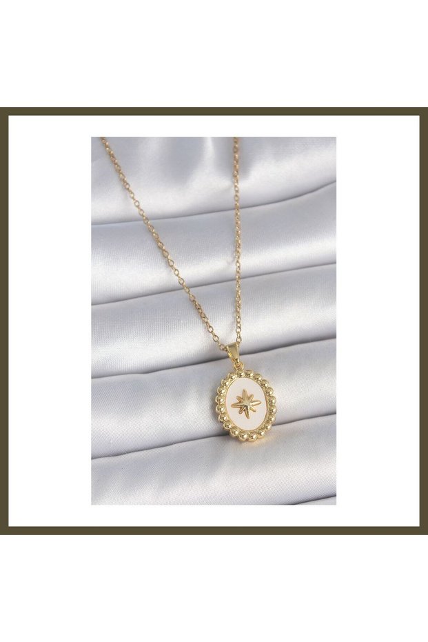 316L Stainless Steel Gold-Colored Chain with White Enamel and Polar Star-Engraved Medallion Women's Model K BX