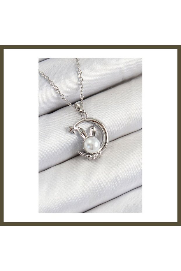316L Stainless Steel Pearl-Detailed Crescent Moon Rabbit-Shaped Silver-Colored Women's Necklace BX