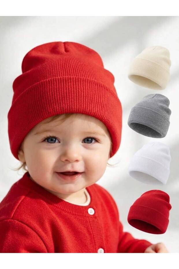 Children's and Baby Fold-Over Beanie Set (4-Piece Set) in Cream, Gray, White, and Red