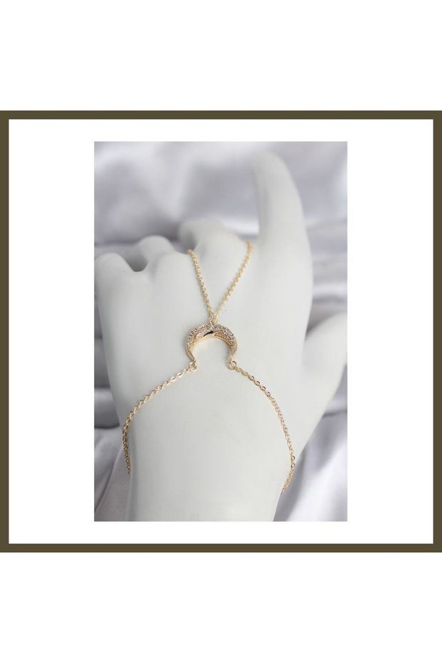 Gold-Toned Rice-Patterned Crescent-Shaped Women's Shahmeran Ring with Zircon Stones BX
