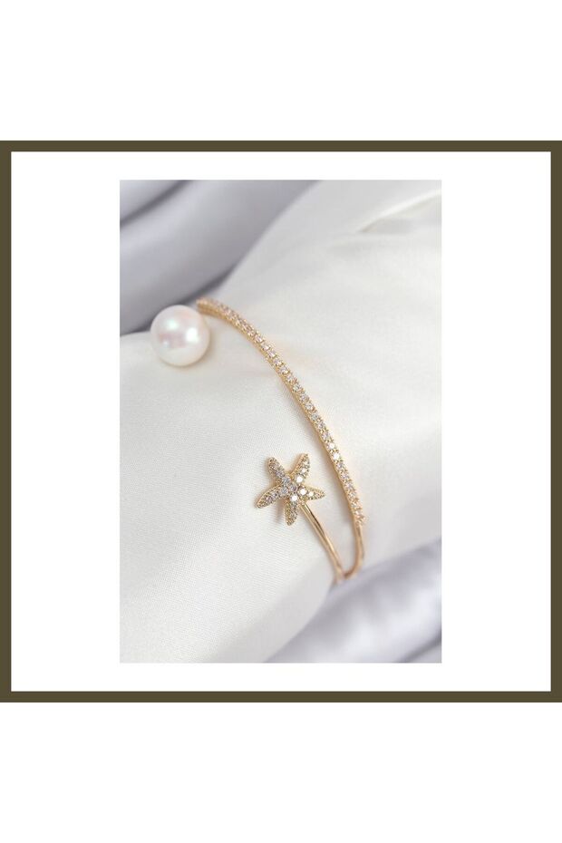Gold-Colored Women's Bracelet with Star and Pearl Design Featuring Rice-Shaped Zircon Stones BX