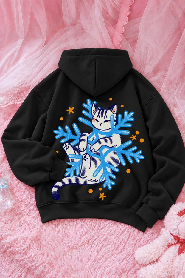 Unisex Snowflake Cat Print Front and Back Design Oversized 3-Ply Fleece-Brushed Inside Hooded Sweatshirt