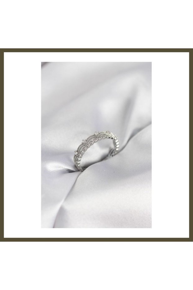 Silver-Colored Patterned Women's Ring with Zircon Stones BX