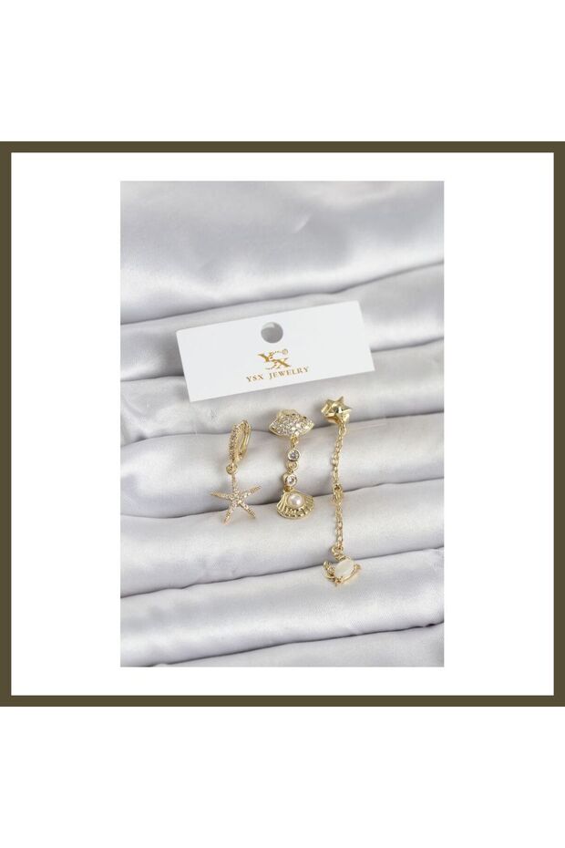 Gold-Toned Rice-Shaped Zircon Earrings with a Nautical Theme, Set of 3, for Women, BX