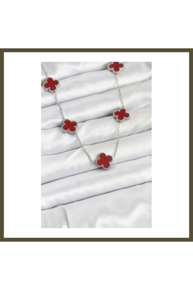 316L Steel Chain, Silver and Burgundy, Clover-Shaped Women's Necklace BX