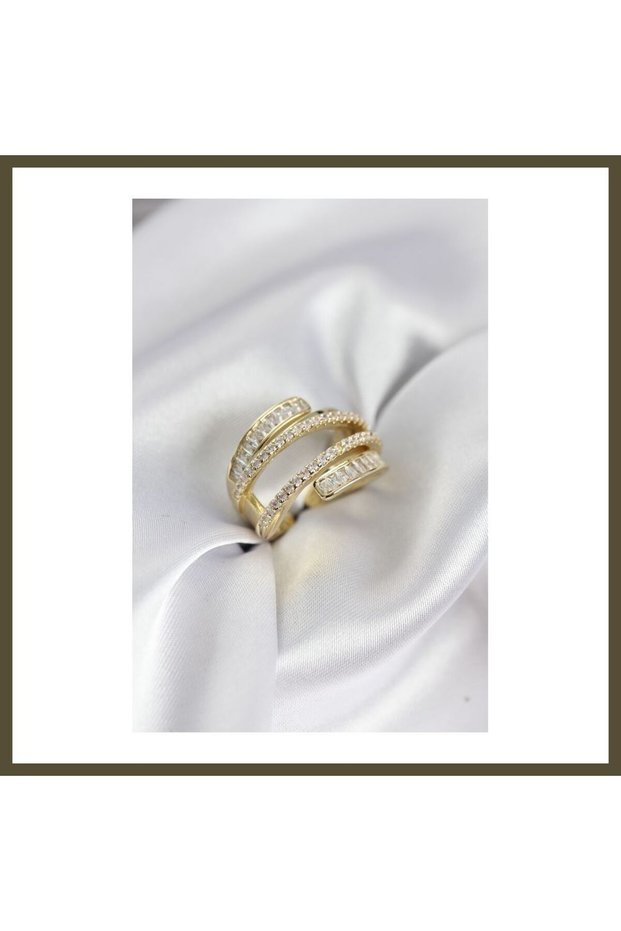 Spiral Zircon Baguette-Cut Stone Gold-Colored Women's Ring BX