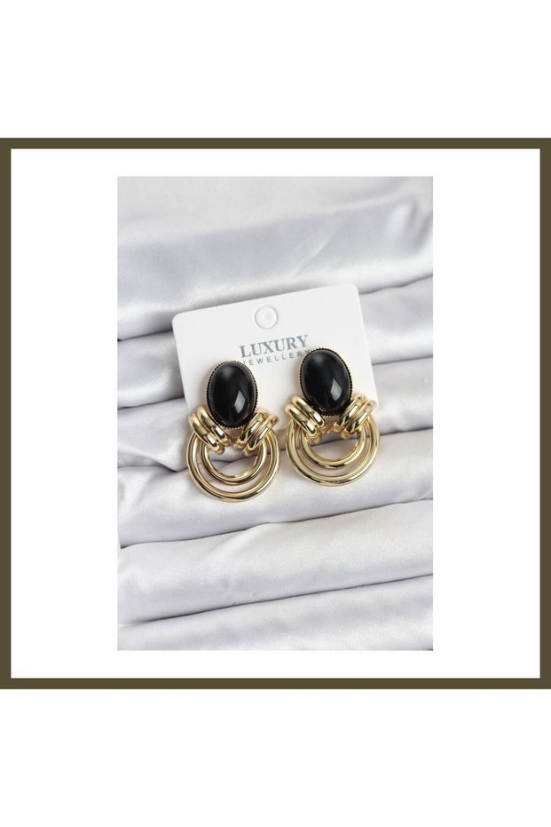 Gold-Plated Rice-Shaped Vintage Women's Earrings with Black Stones BX