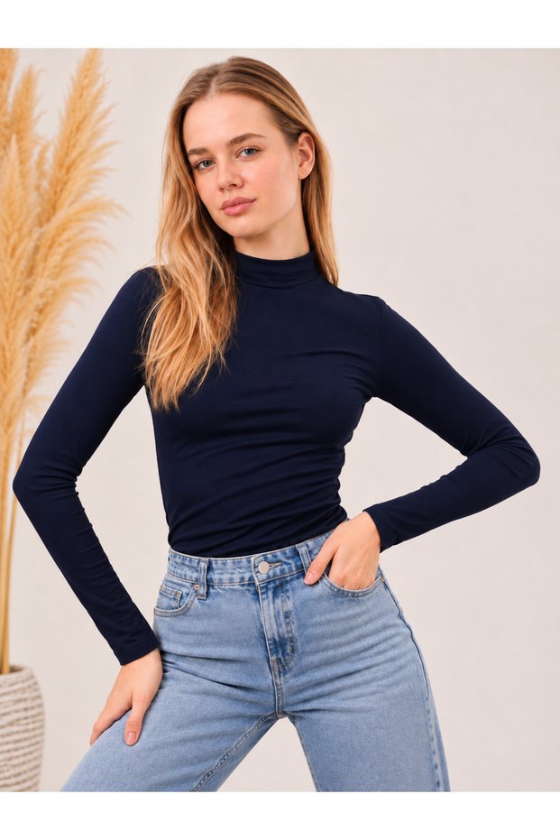 Women's Stretch Fabric Long-Sleeve Bodysuit, Navy Blue