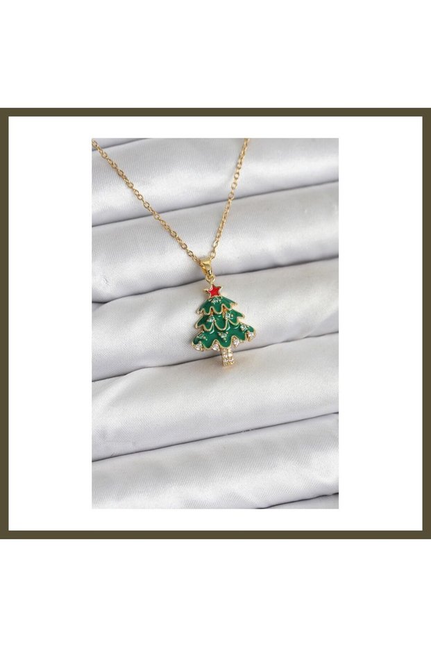 316L Stainless Steel Chain, Gold-Tone, Fir Tree Design, New Year's-Themed Women's Necklace BX