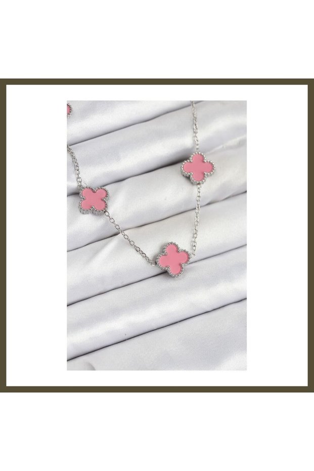 316L Stainless Steel Chain, Silver-Pink Clover Women's Necklace BX