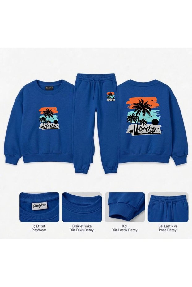 Team Sweatshirt with Tropical Sunrise Print for Girls and Boys, Crew Neck with Men’s Collar