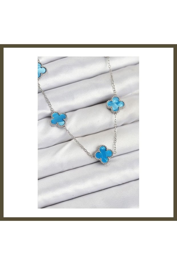 316L Stainless Steel Chain, Silver Ice Blue, Clover-Shaped Women's Necklace BX