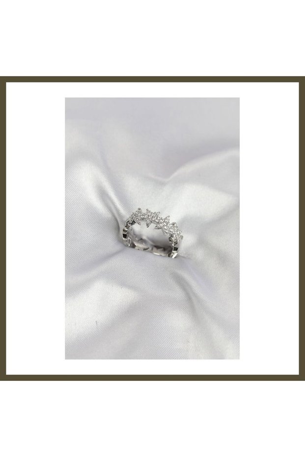 Silver-Colored Brass Star-Patterned Zircon Ring for Women BX