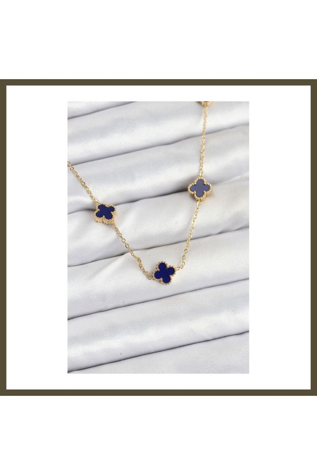 316L Steel Chain, Gold-Toned, Navy Blue, Baby Boy, Clover, Women's Necklace BX