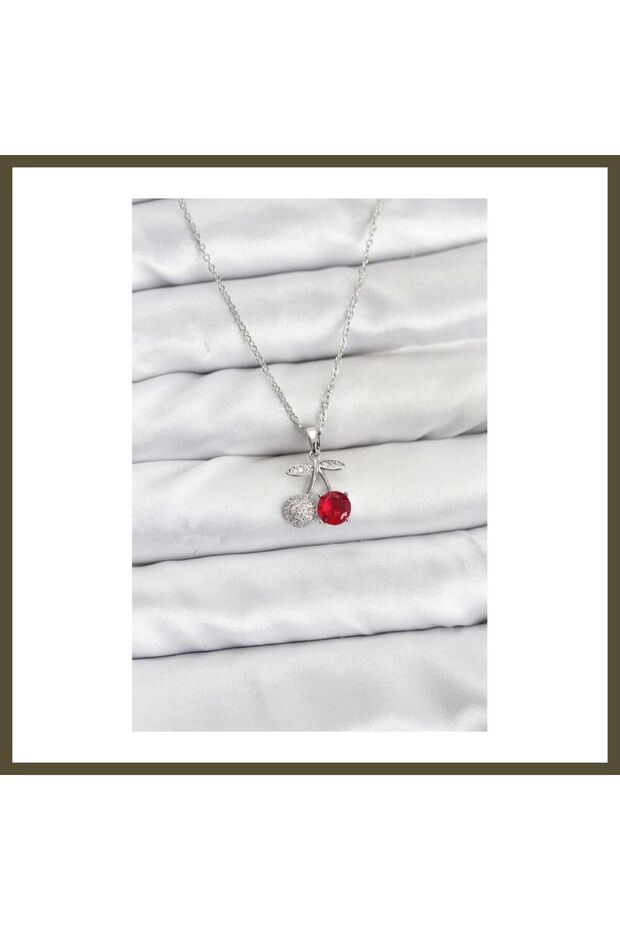 316L Stainless Steel Chain, Silver-Colored, Cherry-Style, Zircon-Studded Women's Necklace BX