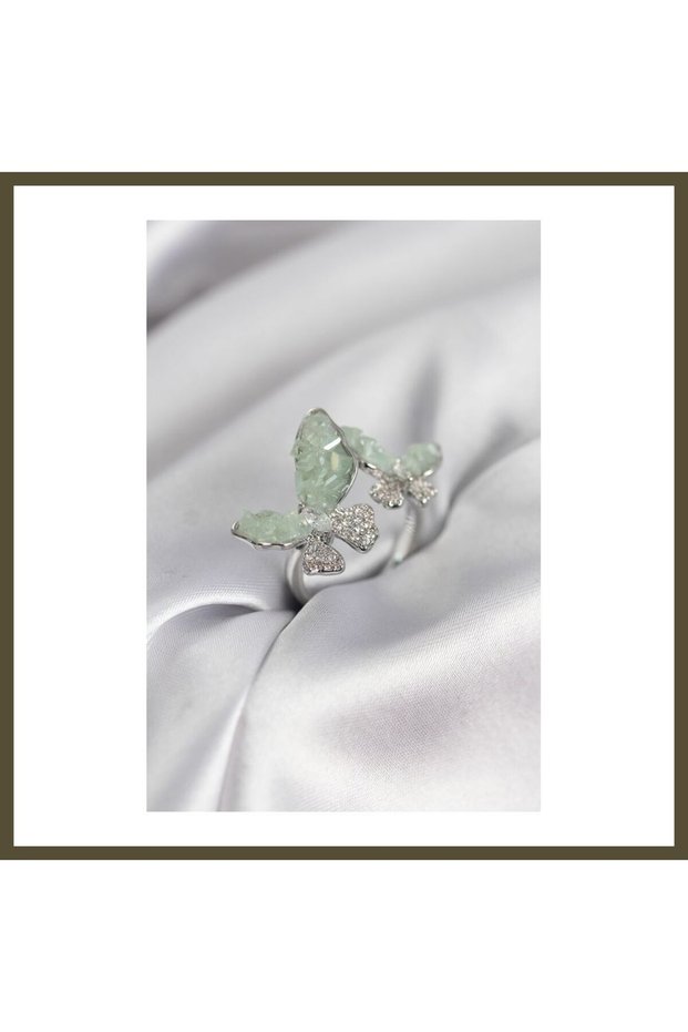 Silver-Colored Aqua Green Butterfly-Style Modal Women's Ring with Zircon Stones BX