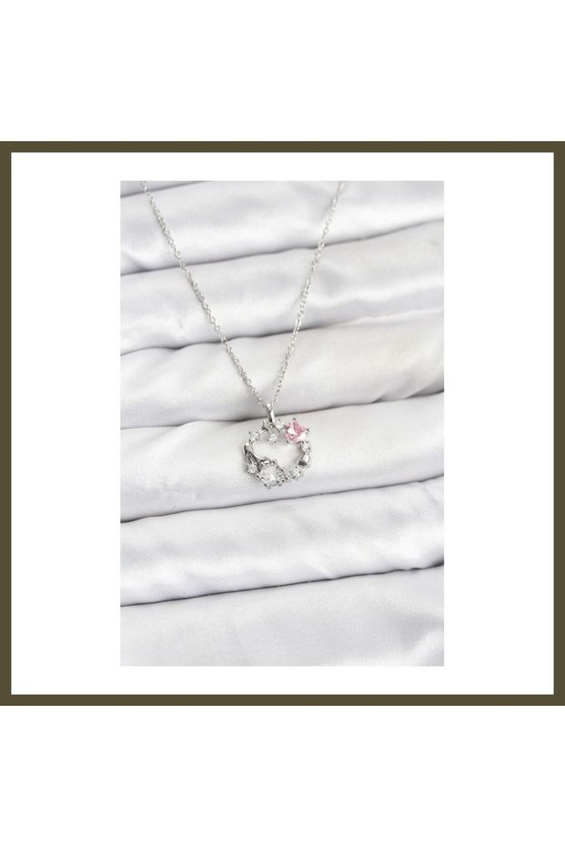 316L Stainless Steel Chain, Silver-Colored, with Pink Stone Embellishments, Wreath-Style Women's Necklace BX