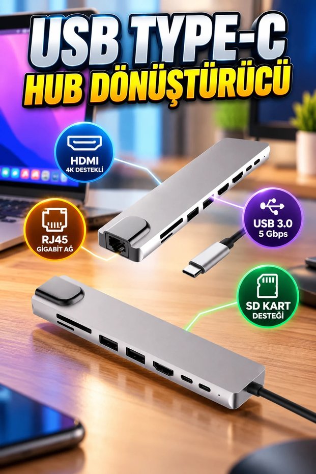 USB-C Multi-Port Hub with 5 Gbps HDMI, RJ45, USB 3.0, and SD Card Support; Aluminum Housing