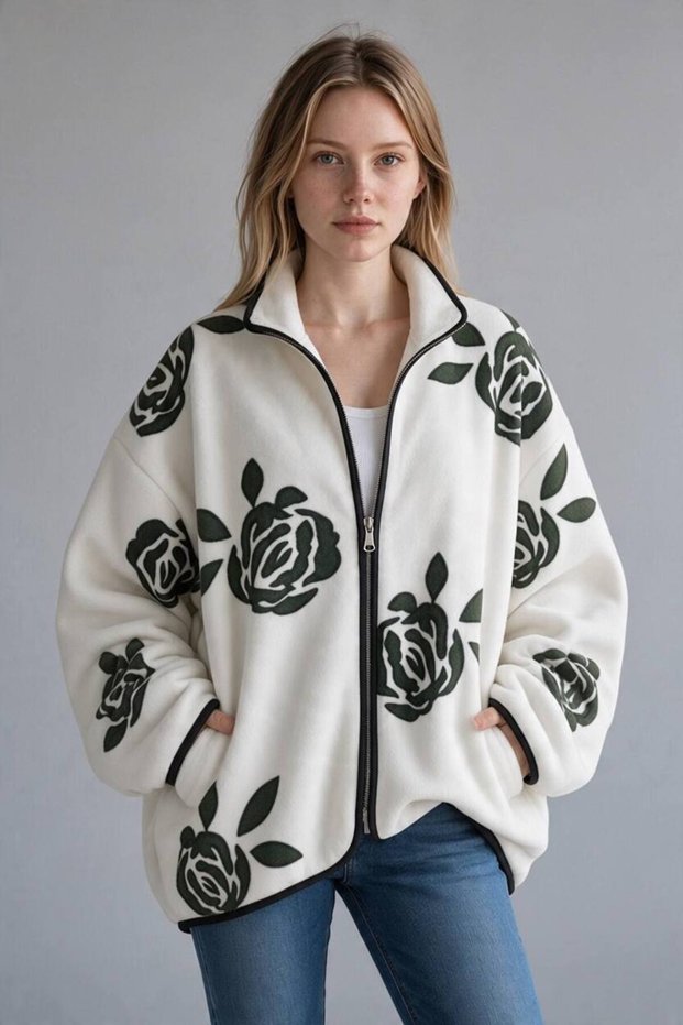 Women's Soft-Textured Fleece Sweatshirt with Floral Print and Pockets